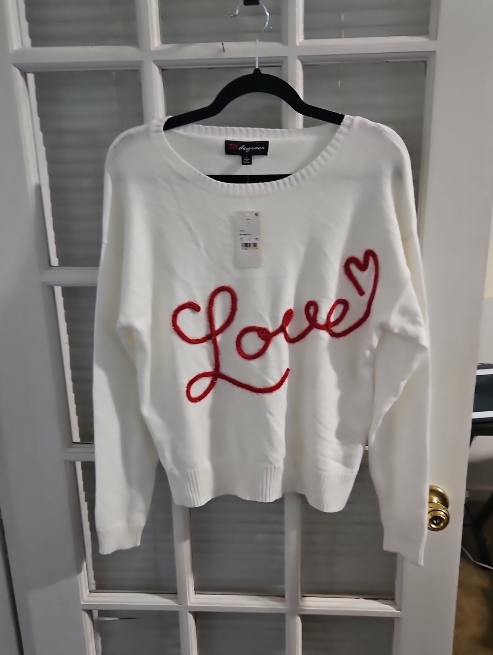 NWT White 'Love' Crewneck Sweater 33 Degrees. SZ S, Oversized